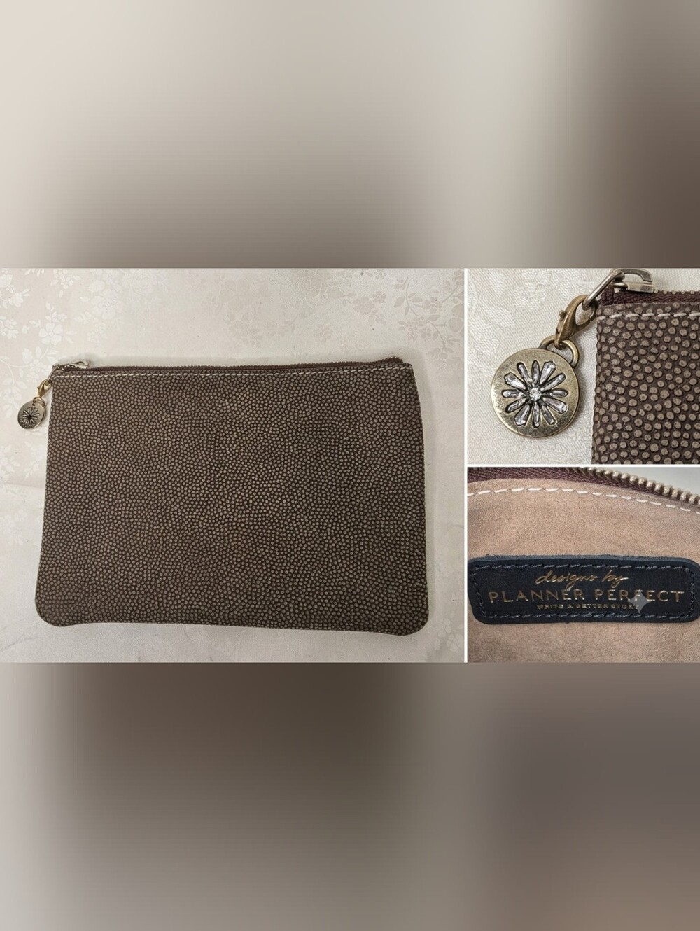 Planner Perfect Brown Shagreen Stingray Embossed Leather Everyday Pouch Clutch